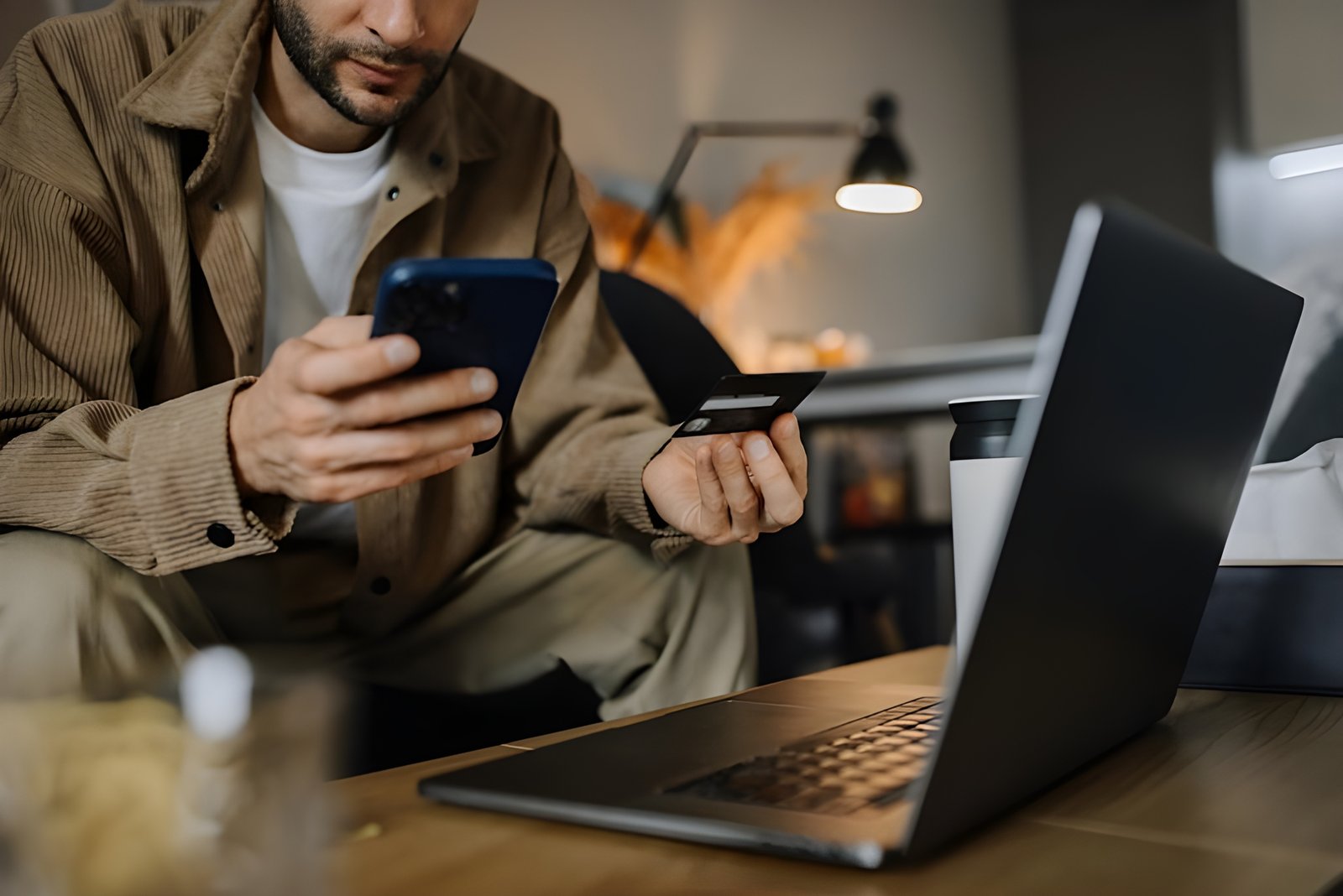 Pessoa segurando cartão de crédito enquanto usa smartphone para uma compra online